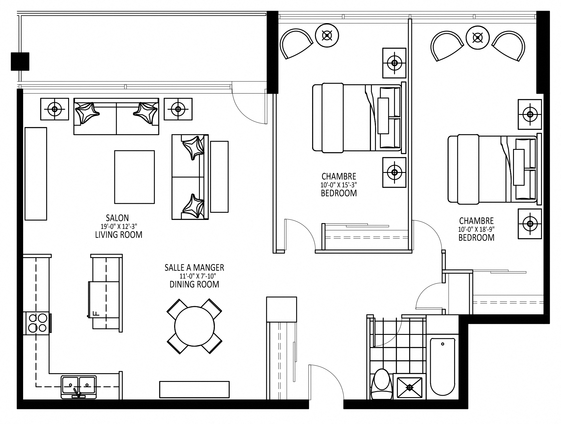 Floor plan for 2 beds, 1 bath, 1045 sqft